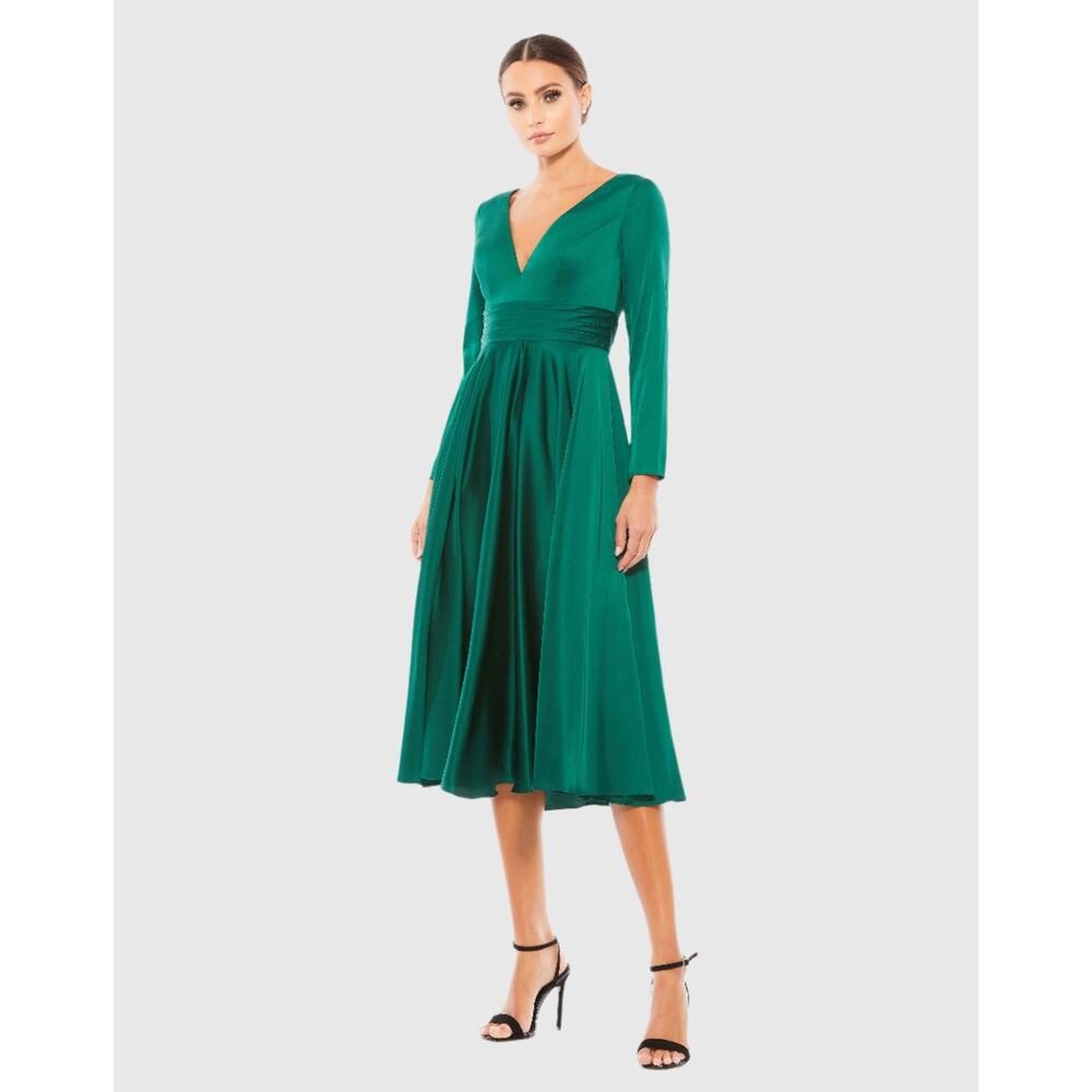 Mac‎ Duggal Satin Plunge Midi Dress 14 Emerald Green Formal Gala